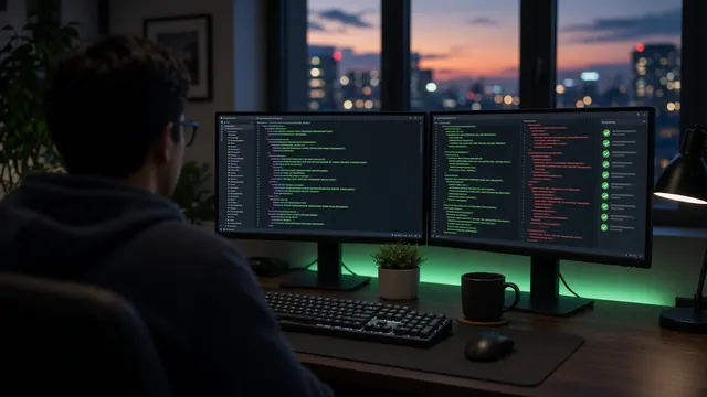 Developer workstation with code on one monitor and a code review with passing test checks on the other