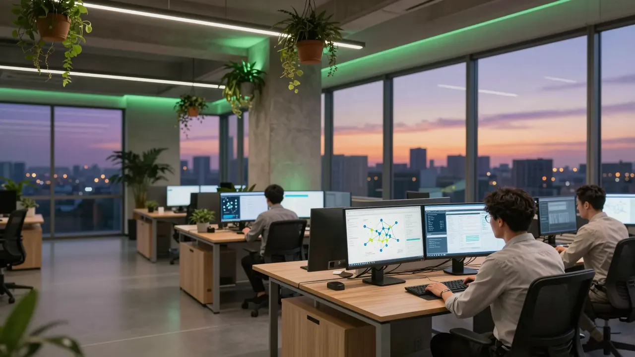 Open-plan office at dusk with green accent lighting, plants and a city view, where people review network and analytics dashboards on dual monitors