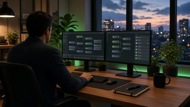 Person at dual monitors showing an automation workflow of connected steps with green check marks, in an office at dusk
