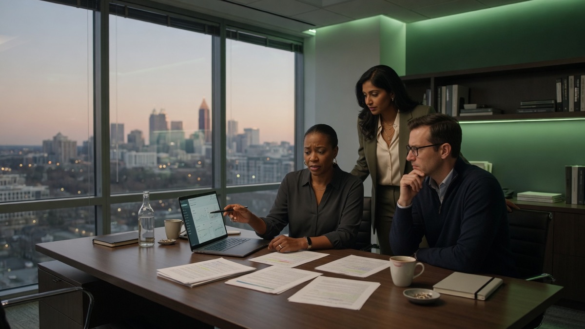 Team reviewing an AI project plan together in a calm modern consulting office