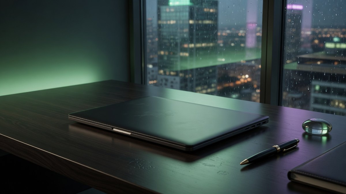 Executive office laptop on a dark desk with soft green ambient light