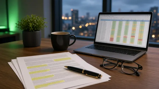 Printed contract pages with highlighted lines, a pen and reading glasses beside a laptop showing a color-coded comparison spreadsheet