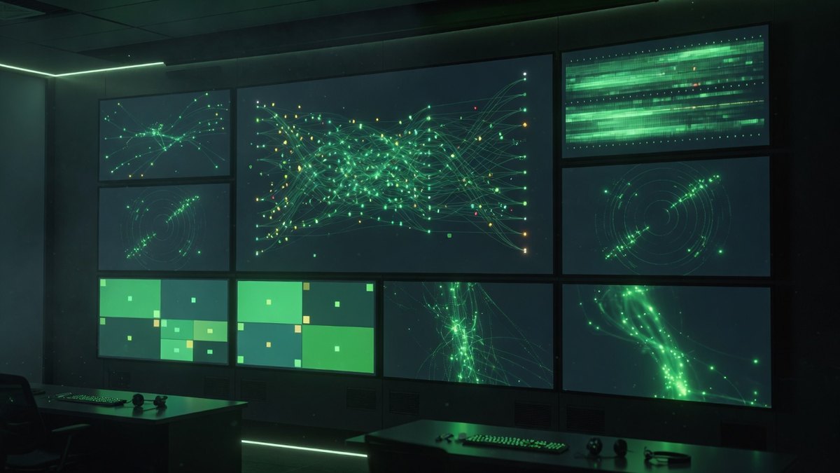 Network operations center wall with green monitoring displays and topology graphs