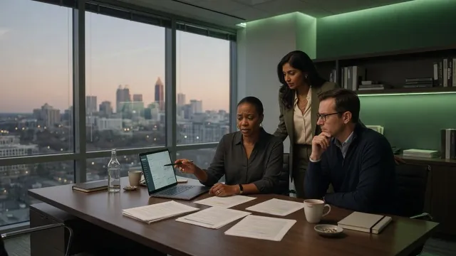 Three people reviewing papers and a laptop at a conference table by a window