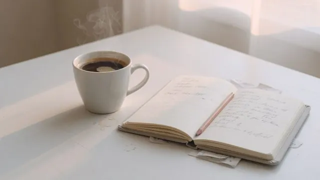 Cup of coffee and an open notebook with handwritten notes on a white desk