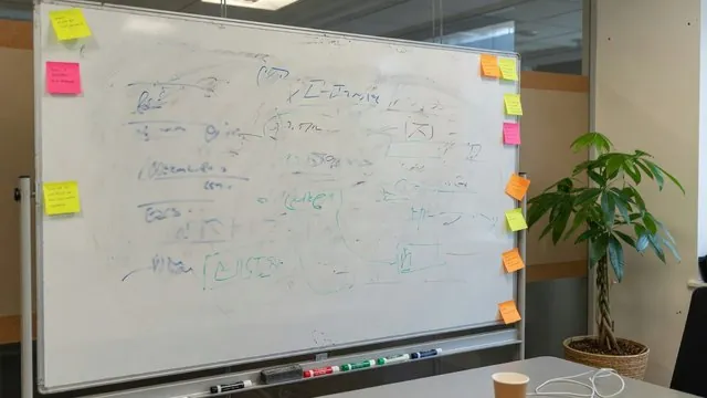 Whiteboard with handwritten notes and colored sticky notes in a bright meeting room