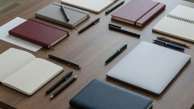 Notebooks, folders and pens laid out on a wood desk
