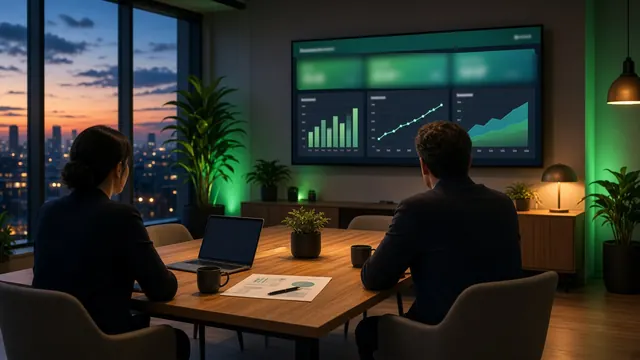 Two people at a meeting table reviewing bar and line charts on a large wall screen in an office at dusk