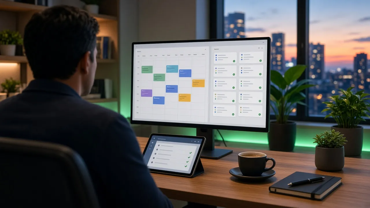 Person reviewing a weekly schedule and a task checklist on a large monitor, with a tablet checklist on the desk